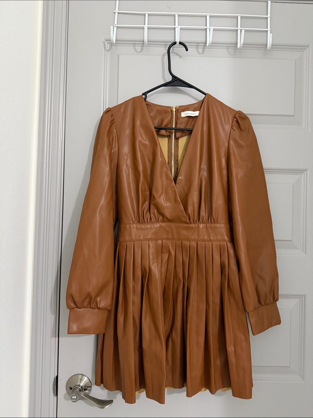 Women's Faux Leather Pleated Mini Dress - Brown